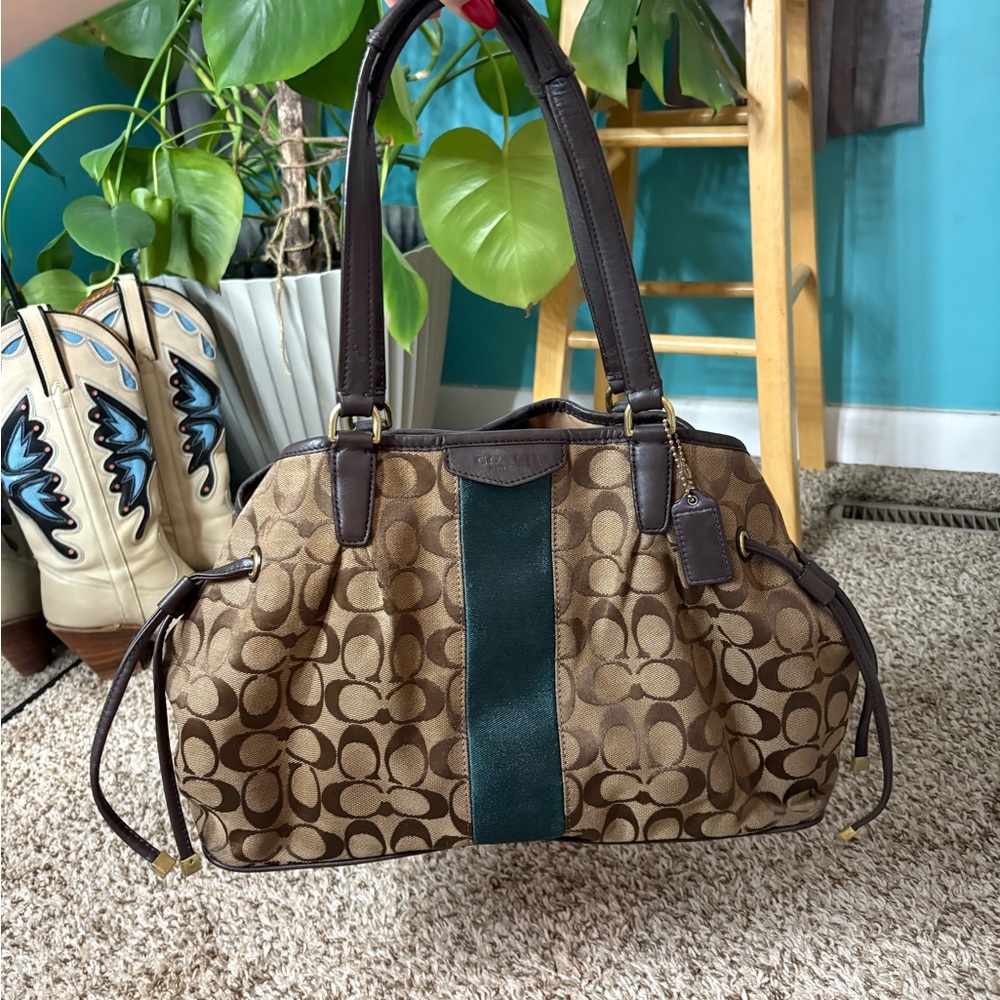 Coach Brown and Tan Handbag with Dark Green stripe and Leather Accents, 14"x9.5